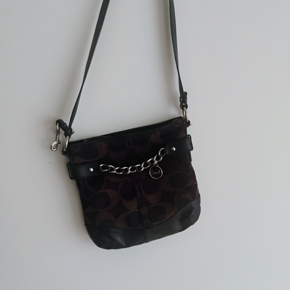 Coach Black Leather Dark Brown Canvas Signature Crossbody Bag Purse - Picture 10 of 15